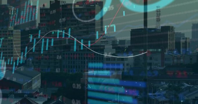 City skyline showing financial charts floating over buildings at dusk with animated tickers