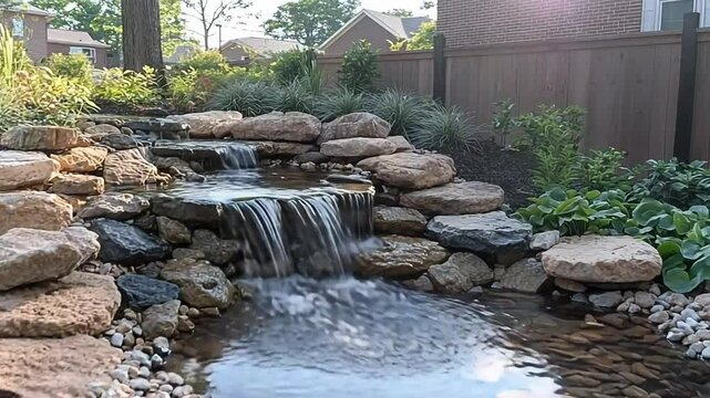 Backyard water feature with cascading waterfall