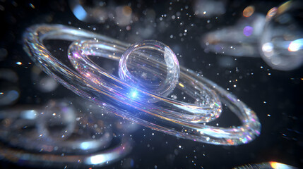 Celestial sphere embraced by cosmic rings floating amid a radiant star dust shower vision