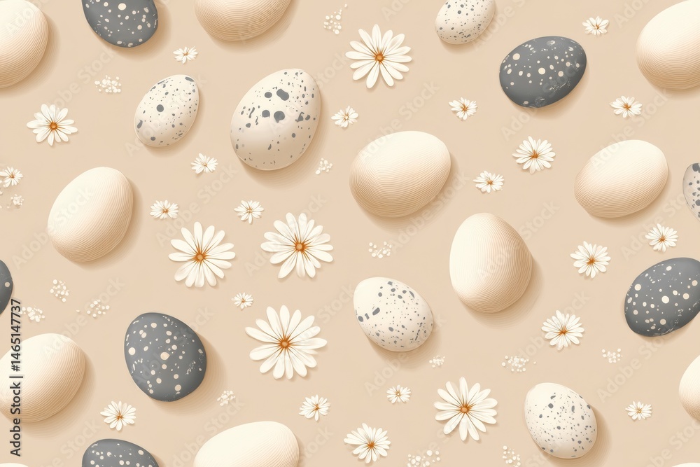Poster Pattern Featuring Eggs and Small Flowers Against a Beige Backdrop for Spring Design Generative AI
