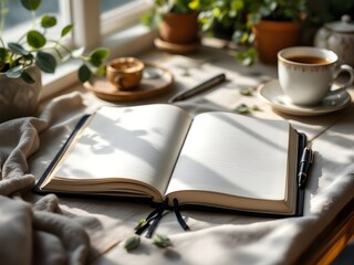 Fototapeta premium Blank opened journal on a table ready for journaling process