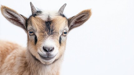 Obraz premium A cute baby goat with floppy ears, looking curiously at the camera, on a white background