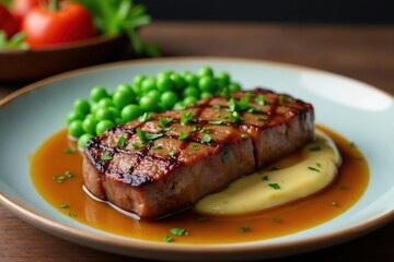 Juicy steak, smooth puree, vibrant peas, rich gravy , sauce, luxury