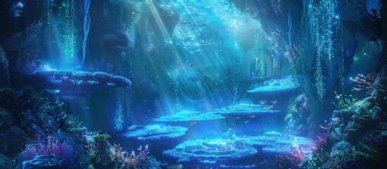 Underwater Cave with Glowing Coral and Light Beams