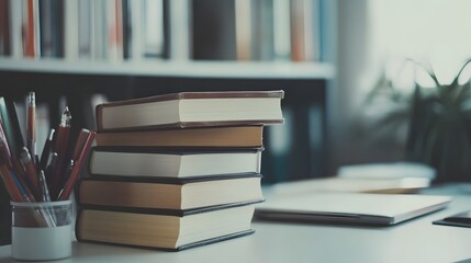 An assortment of textbooks and literature neatly stacked on a wooden desk in a cozy study space surrounded by writing implements and other academic accessories