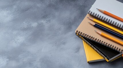 Assorted Notebooks and Pencils on a Gray Surface for Creative and Educational Purposes