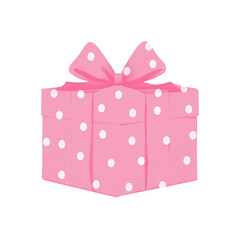 Isolated bubblegum pink gift box with white polka dots and matching bow
