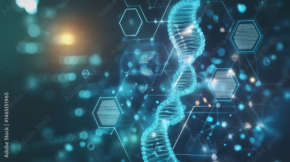 Poster a visually striking image depicting a complex digital dna structure and data visualization represent