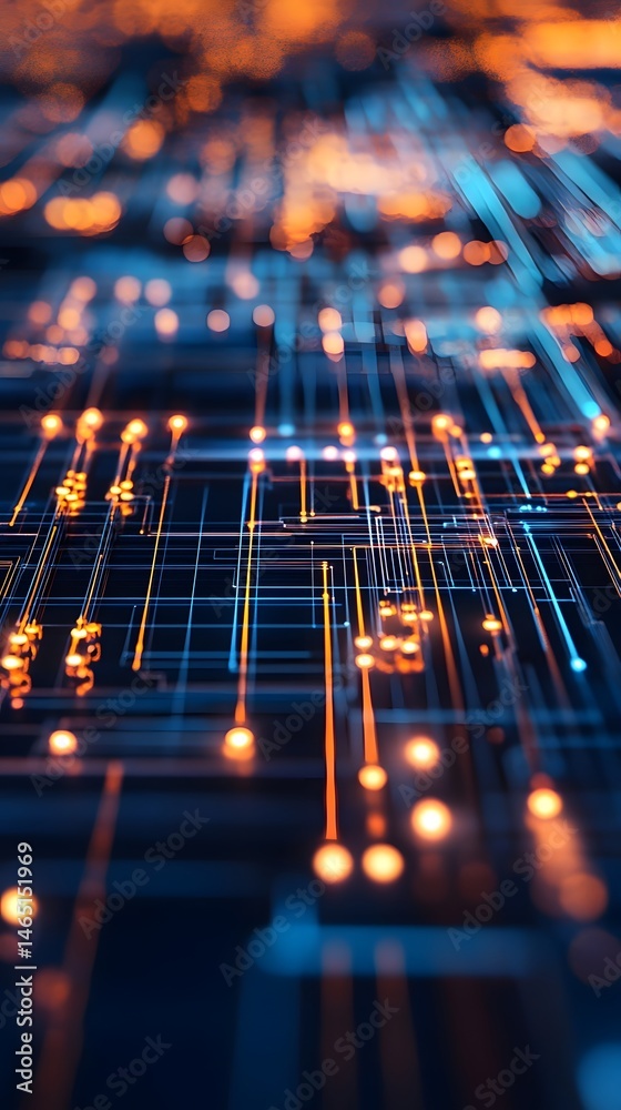 Poster closeup view of a complex digital circuit board with intricate patterns of luminous glowing lines an
