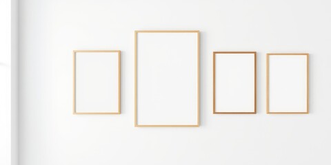 Empty picture frames on a white wall, showcasing various sizes and wood tones for interior design inspiration
