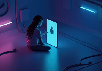 Woman online using digital device searching for connection. Abstract concept of modern social isolation and loneliness in a disconnected world.