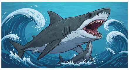 Great White Shark Hunting with Whale in Ocean Waves Illustration