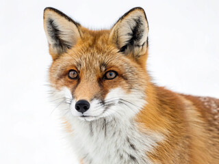 Obraz premium A close-up portrait reveals a red fox's intense gaze, its vibrant fur contrasting against a stark white background.