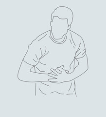 one line drawing of man with stomachache.Man with severe diarrhea and constipation. Young man has problems with his intestines, stomach.