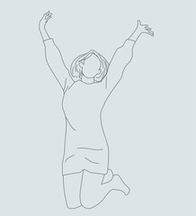 Continuous one line drawing. woman jumping.Happy surprised woman in jeans jumping