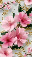 Blooming pink flowers adorn a pastel background featuring golden leaves and glitter for an elegant floral arrangement blossom illustration