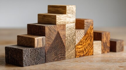 Fototapeta premium Wooden blocks arranged as a staircase, symbolizing business growth and financial success.