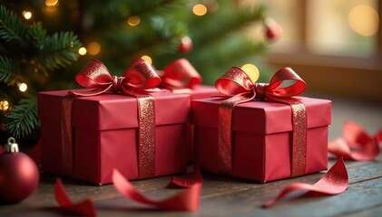 Luxury gift boxes, shimmering ribbons, nestled beneath tree, satin, boxed