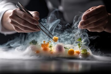 Chef meticulously creates a molecular gastronomy dish featuring foam, edible spheres, and swirling liquid nitrogen steam