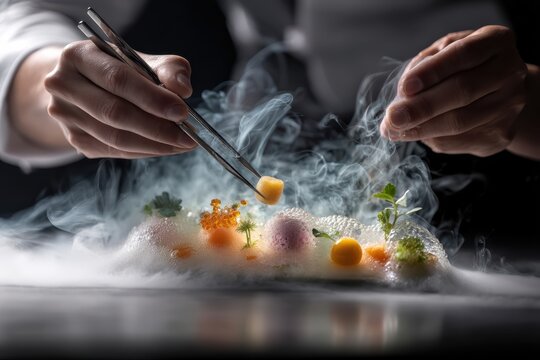 Chef meticulously creates a molecular gastronomy dish featuring foam, edible spheres, and swirling liquid nitrogen steam