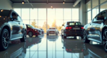 Blurred, out of focus empty modern car dealership showroom with various new cars shining under the sunlight. Background with no people