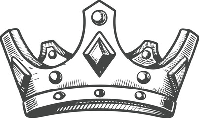 Medieval crown with royal detail in black and white line art style, outlined vintage illustration with elegant contours

