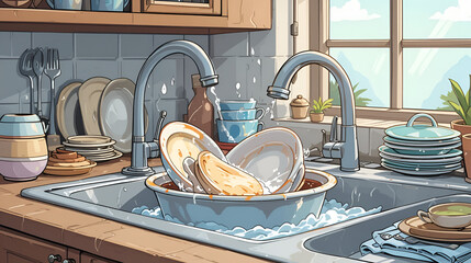Washing dishes in sink. Dirty dish in kitchen, clean plates and messy dinnerware. Dirt unwashed or clean dish washstand and kitchen dishes, washing home utensil cartoon vector illustration