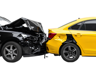Two cars in an accident, one black and the other yellow, with no transparent background PNG