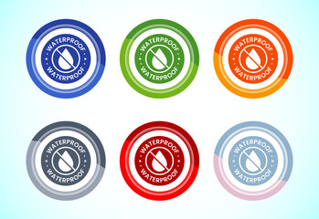 Waterproof icon design illustration, liquid proof protection, water resistant sign symbol, 6 color button design set