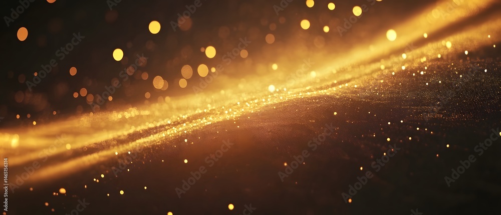 Poster mesmerizing abstract image of shimmering golden light beams and swirling particles against a dark ba