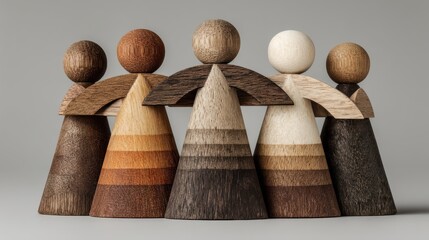 Wooden figurines representing a collective assembly in a minimalist setup, symbolizing teamwork and growth.