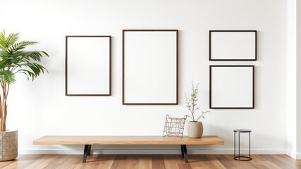 Modern minimalist living room interior design with empty frames and wooden bench