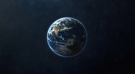 A detailed view of Earth in space, showing continents and swirling clouds against a backdrop of stars