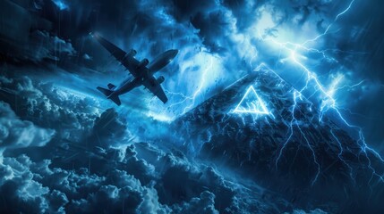 Obraz premium Dramatic airplane flight through a stormy sky filled with lightning.