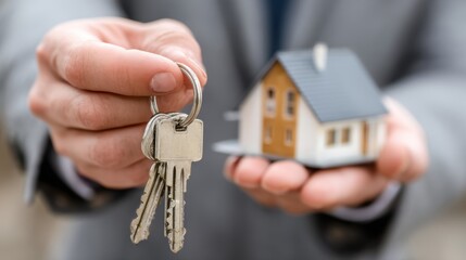 A real estate agent handing over keys to a house, symbolizing home ownership and real estate transactions.