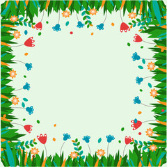 flower frame, background with grass, leaves, flowers, instagram post base, text field