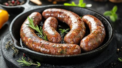 Raw bratwurst sausages in a cast iron pan