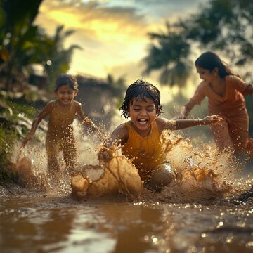 Indian kids playing in the mud with Surf Excel