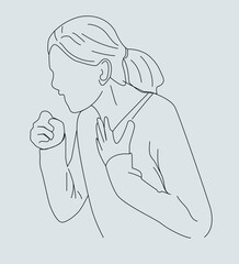 line drawing unhealthy Sickness, asian young woman, girl unwell and coughing, 
