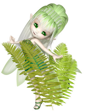 Cute Toon Fern Fairy with Green and White Hair, 3d digitally rendered fantasy illustration