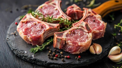 Fototapeta premium Raw lamb chops with fresh thyme and garlic cloves