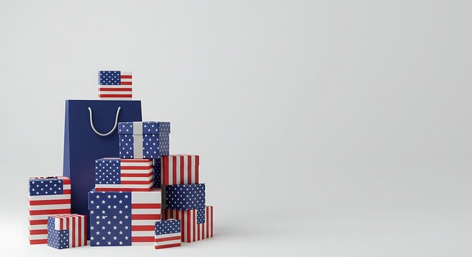 American Flag Gift Boxes & Shopping Bag Stacked for Patriotic Sales Event on White Backdrop. Perfect for Celebratory Retail Marketing, Holiday Promotions, Commerce and Retail Displays.