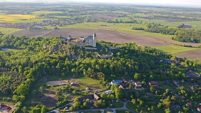 Kuneticka Hora castle near Pardubice, Czech Republic, captured in stunning aerial panorama with surrounding landscape views