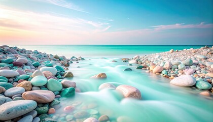 Gentle waves caressing colorful stones serene beach nature photography coastal environment wide-angle view tranquility concept