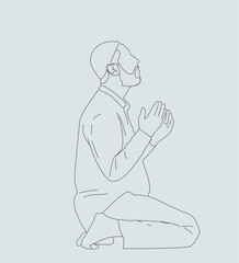 one drawing Muslim man praying on iftirasy kneeling sit gesture.