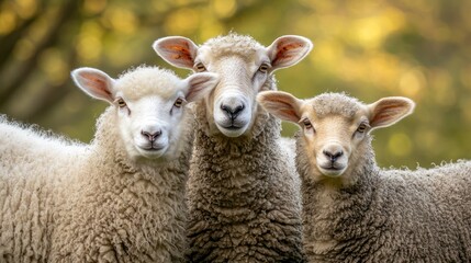 Fototapeta premium A family of three sheep (young, middle-aged, and old), standing together in harmony.
