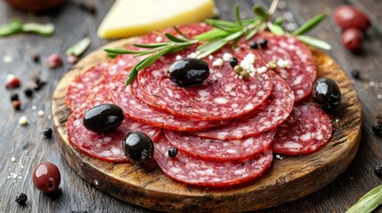 Obraz premium Raw salami slices with black olives and cheese
