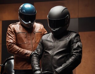 Two male motorcyclists in stylish jackets and helmets, exuding confidence and camaraderie.