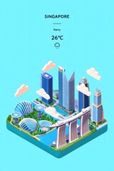 Singapore Cityscape Rainy Day in the Lion City, Isometric Illustration, 26°C, Modern Architecture, Gardens by the Bay