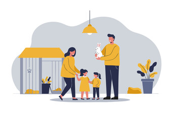 A joyful family adopts a fluffy bunny! Warm colors and a happy family create a heartwarming adoption moment. Ideal for family, pet, and adoption themes.